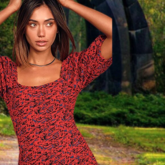 Free People Sunset Bodycon Mini Dress Knit Puff Sleeve Pull-On Square Neck XS - Picture 4 of 11